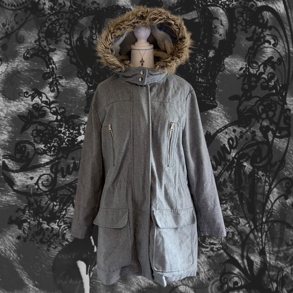 faux fur fleece heather grey hooded coat cozy glam jacket